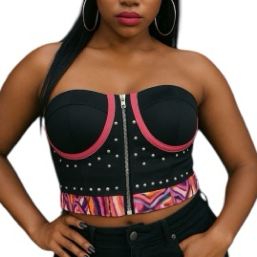 FASHION TO FIGURE Tribal Print Studded Corset Top Bandeau Zipper Front Black 1X